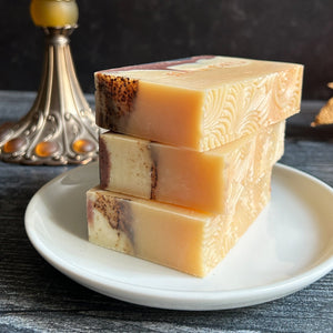 Autumn Spice Soap Bars, stacked on a white dish