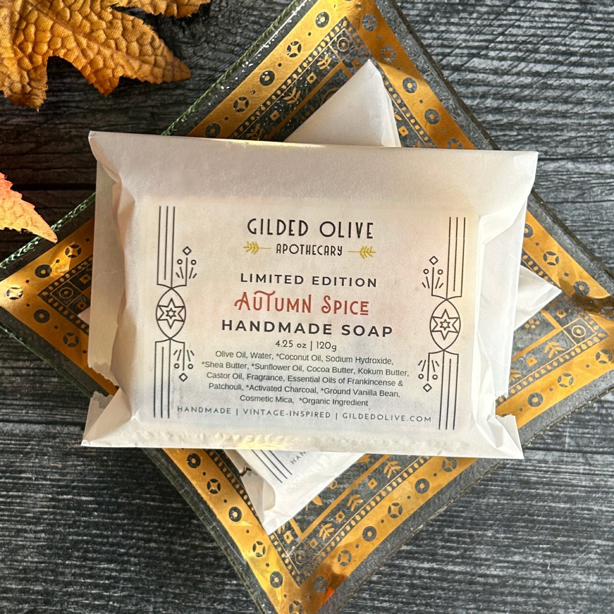 Autumn Spice Soap, packaged on a vintage gold soap dish