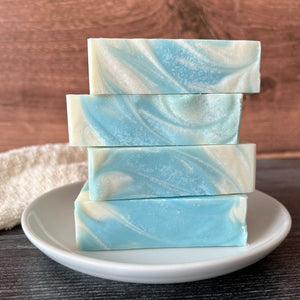 Beach Day Handmade Soap stacked on a white soap dish