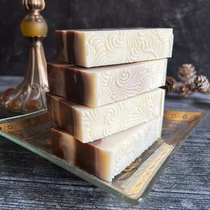 Gingerbread Soaps, stacked on a vintage soap dish