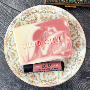 Handmade Rose Soap & Lip Balm on a vintage dish