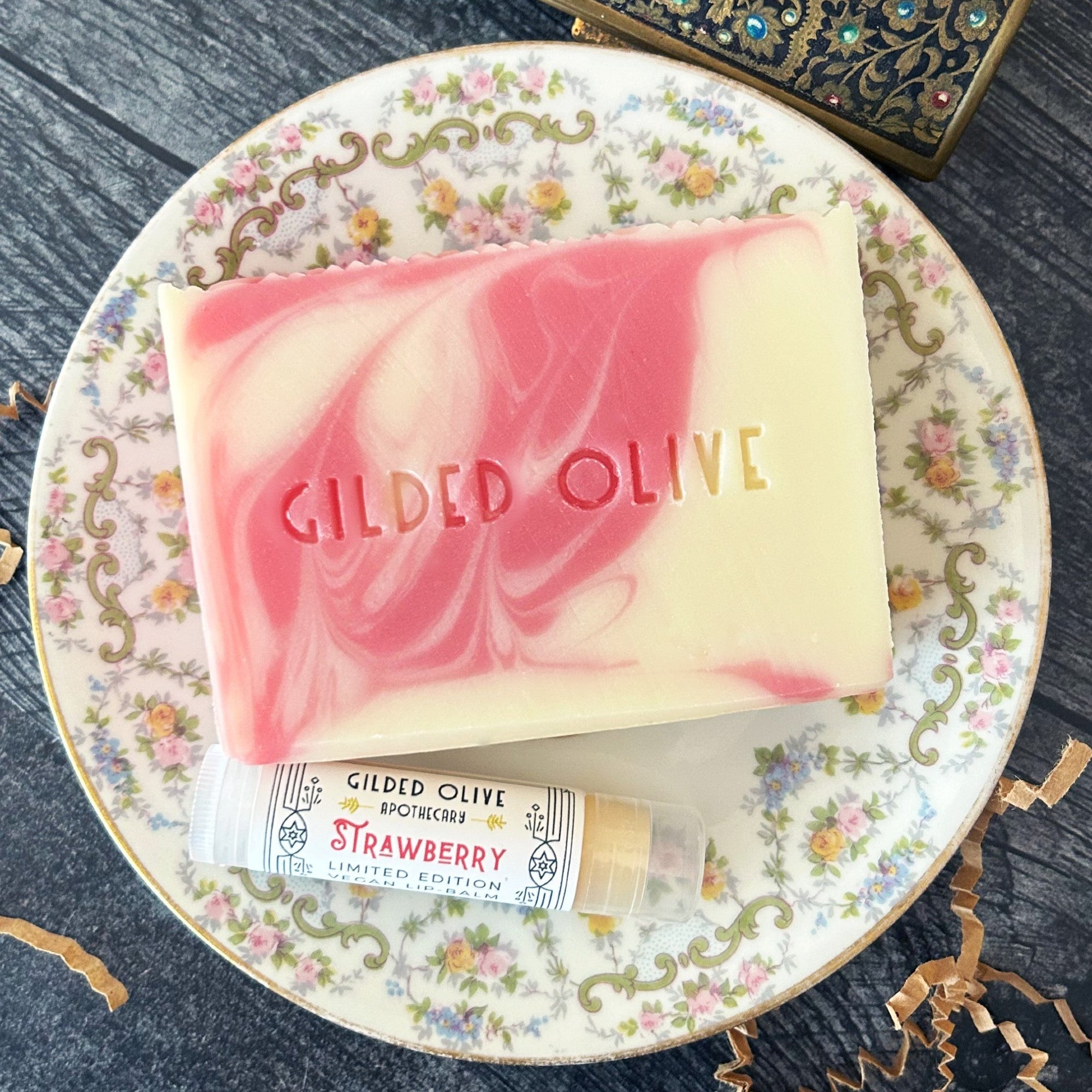 Handmade Strawberry Soap & Lip Balm on a vintage dish