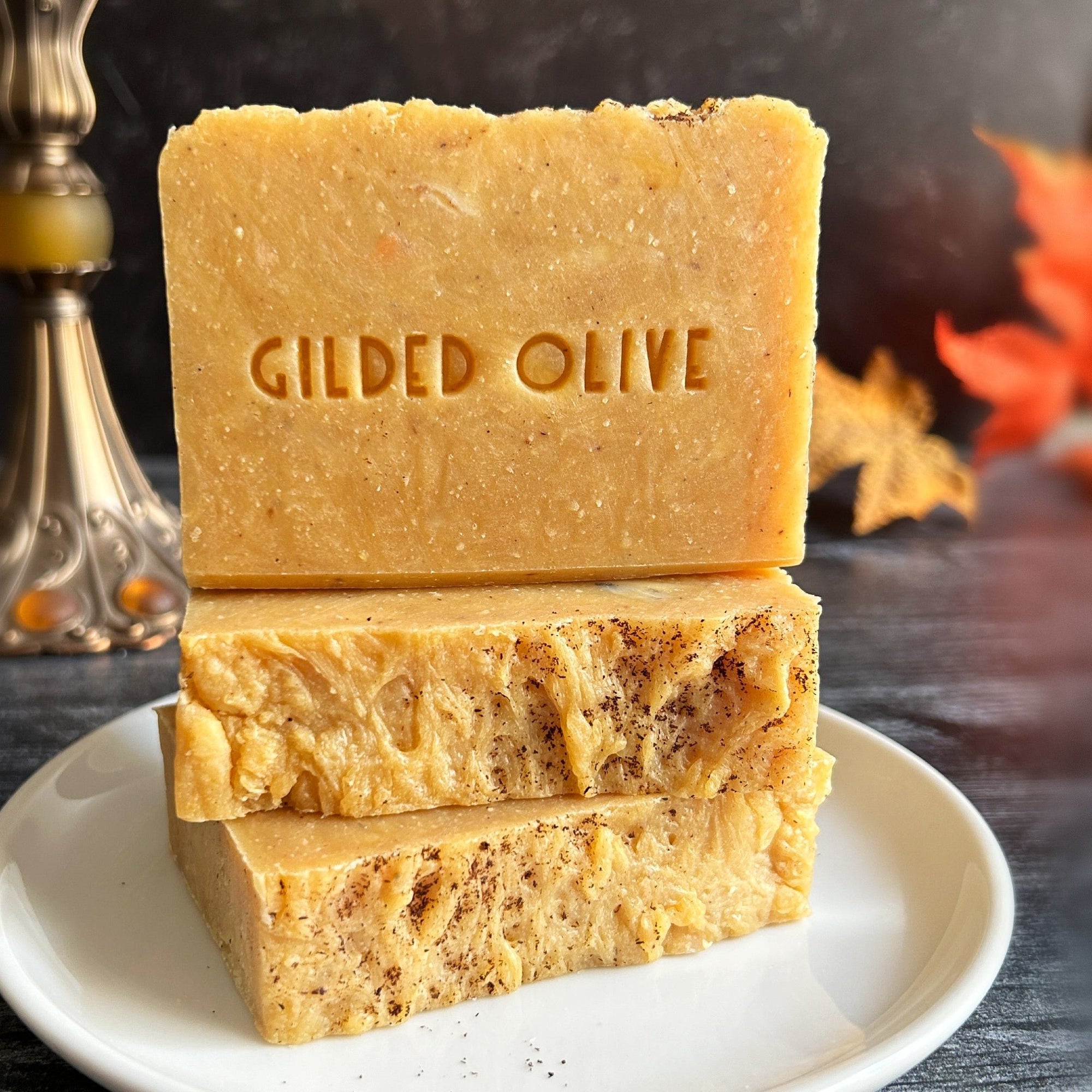 Pumpkin Spice Handmade Soap on a soap dish