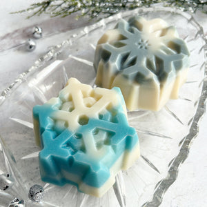 Snowflakes Handmade Soaps on a glass dish