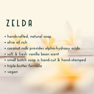 Zelda, Vanilla Bean Handmade Soap Description Graphic