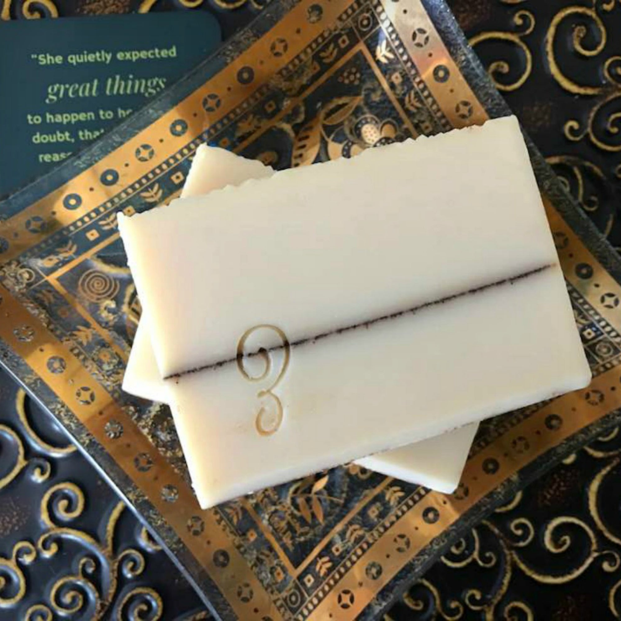 Handmade Vanilla Soap on a gold vintage soap dish